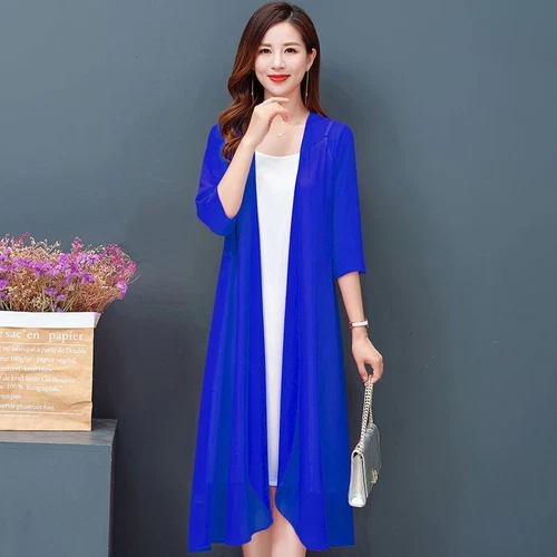 Women Cardigan Sheer Chiffon Long Jacket Coat Open Casual Half Sleeve Outwear - Bild 24 von 26
