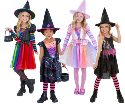 Girls Witch Halloween Witches Costume KidsFancy Dress West Witch Colourful + Hat