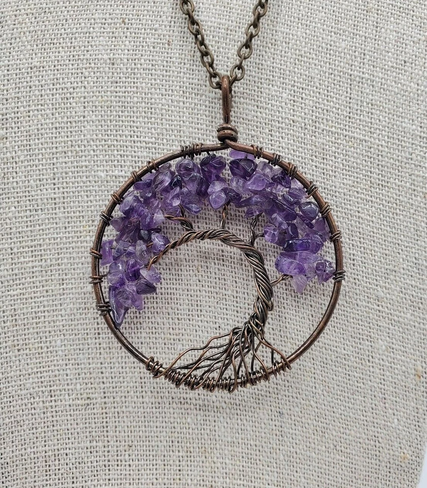 生命之树紫色芯片吊坠项链复古修复青铜丝绳链 18 — 第 3/4 张图片