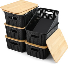 Storage Bins with Bamboo Lids Set of 6 Lidded Storage Container Plastic Black