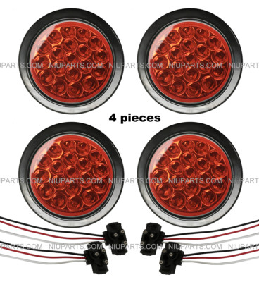4pcs 4'' Round 19 Flux LED Red/Red Stop Turn Light with Rubber Grommet & Pigtail