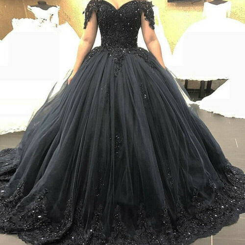 Gothic Black Wedding Dresses Off Shoulder Lace Beaded Princess Tulle Ball Gown - Afbeelding 1 van 5