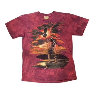 Vintage The Mountain Tie Dye Graphic T Shirt Native American Eagle Sunset Red