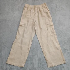 C&C CALIFORNIA 100% Linen Wide Leg Relaxed Pull On Cargo Pants Lounge Tan  Sz L