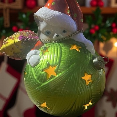 Whimsical Santa Claus cat with Yarn Ball Christmas Ornament Light festive Cute