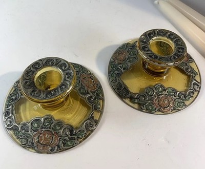 Antique Art Nouveau Amber Glass Candlesticks Metal Overlay Cold Paint Roses Pair