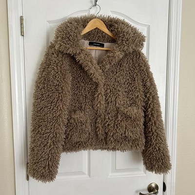 Zara Teddy Bear Jacket Tan Sherpa Snap Front Coat Retro Womens Size Medium