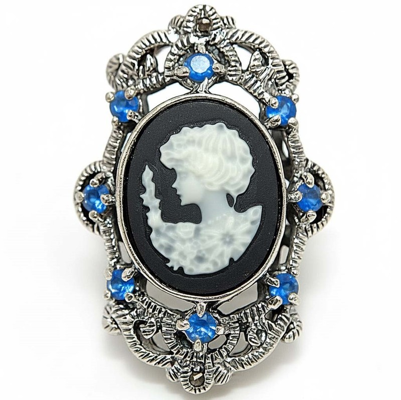 Swiss Marcasite Cameo Victorian Lady 925 Sterling Silver Ring Sz 6 PC6