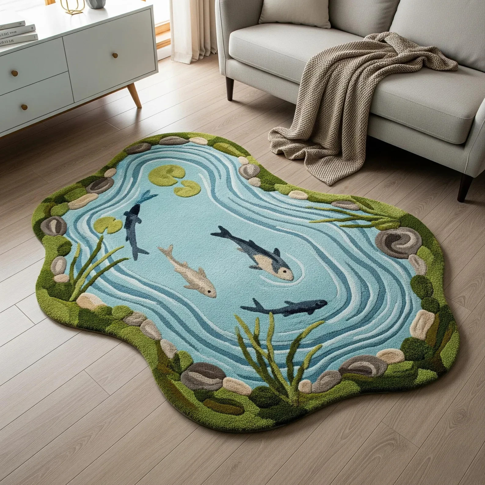 Moss Green Blue Fish Pond Design Irregular Hand Tufted Wool Rug, Modern Abstract