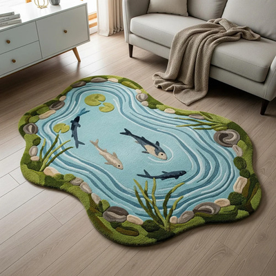 #ad #ad Moss Green Blue Fish Pond Design Irregular Hand Tufted Wool Rug Modern Abstract $632.00