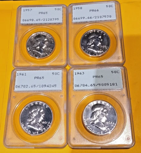 FRANKLIN HALF DOLLAR PCGS 4 COIN LOT: 1957 PR65, 1958 PR66, 1961 PR65, 1963 PR65