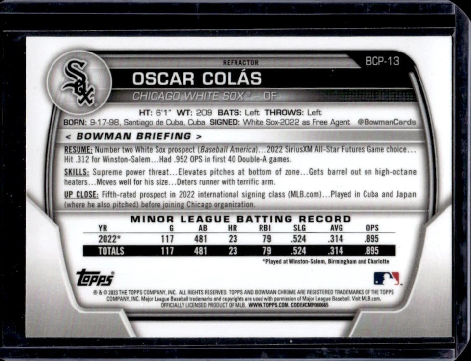 2023 Bowman Oscar Colas Chrome Prospects Lunar Glow Refractor #BCP-13 White Sox - Image 2 of 2