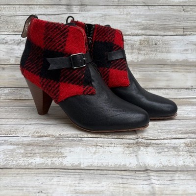 Matt Bernson Ankle Boots 7 Black Red Buffalo Plaid Leather Wool Buckle Booties