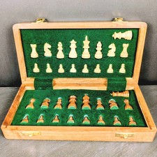 Vintage Wooden Travel Chess Set Folding Inlai...