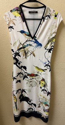 Roberto Cavalli White Floral Bird Print Crepe Sheath Dress