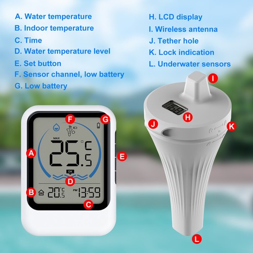 Pool Thermometer LCD Anzeige Schwimmbad Thermometer Kabelloses Thermometer IP68 - Bild 17 von 21