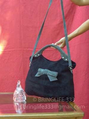 VINTAGE BORSETTA BORSA TRACOLLA NERA CAMOSCIO CON FIOCCO MANIGLIE SUPERIORI  | eBay