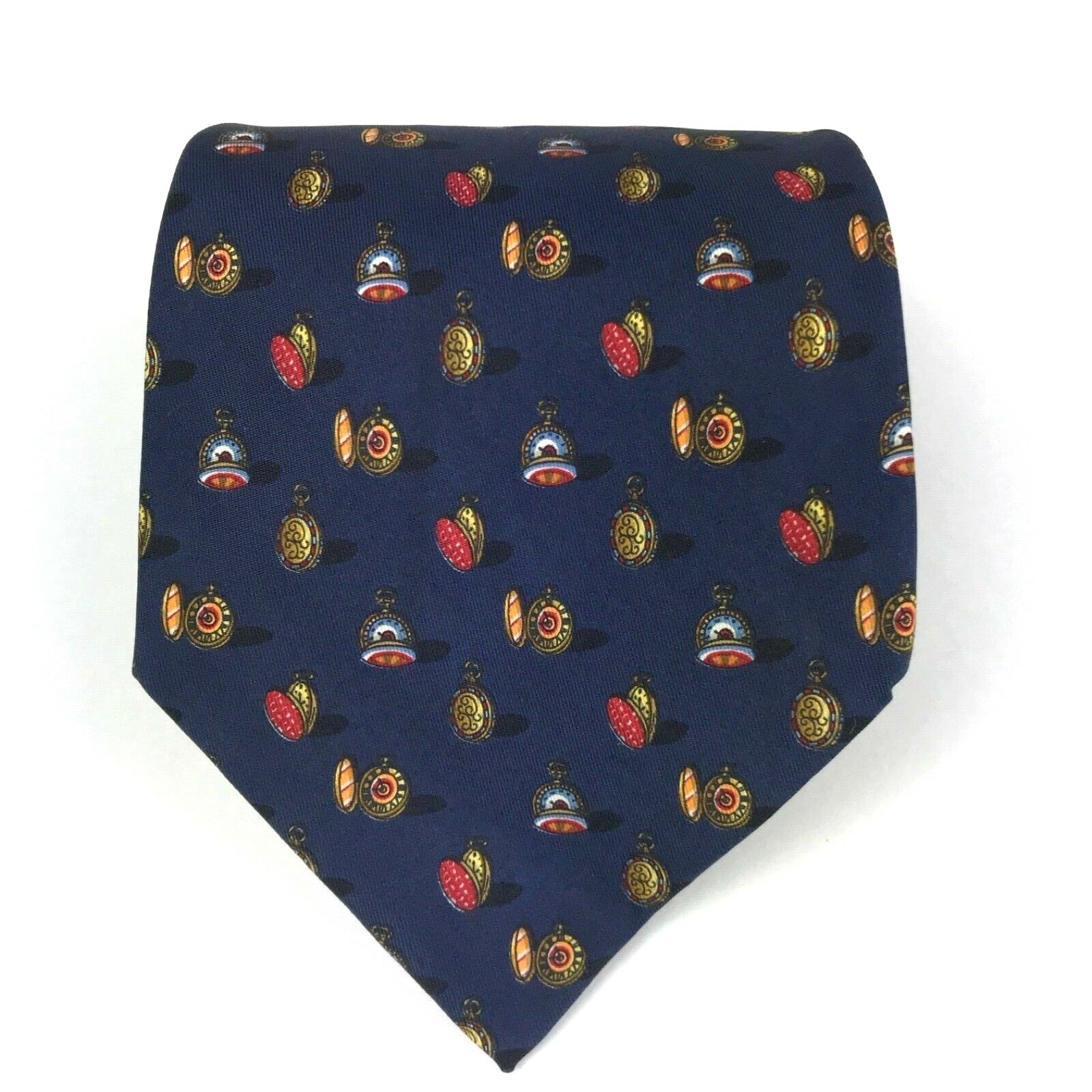 Vintage Salvatore Ferragamo Navy Blue Silk Tie with Pocket Clock 57 Inch-image