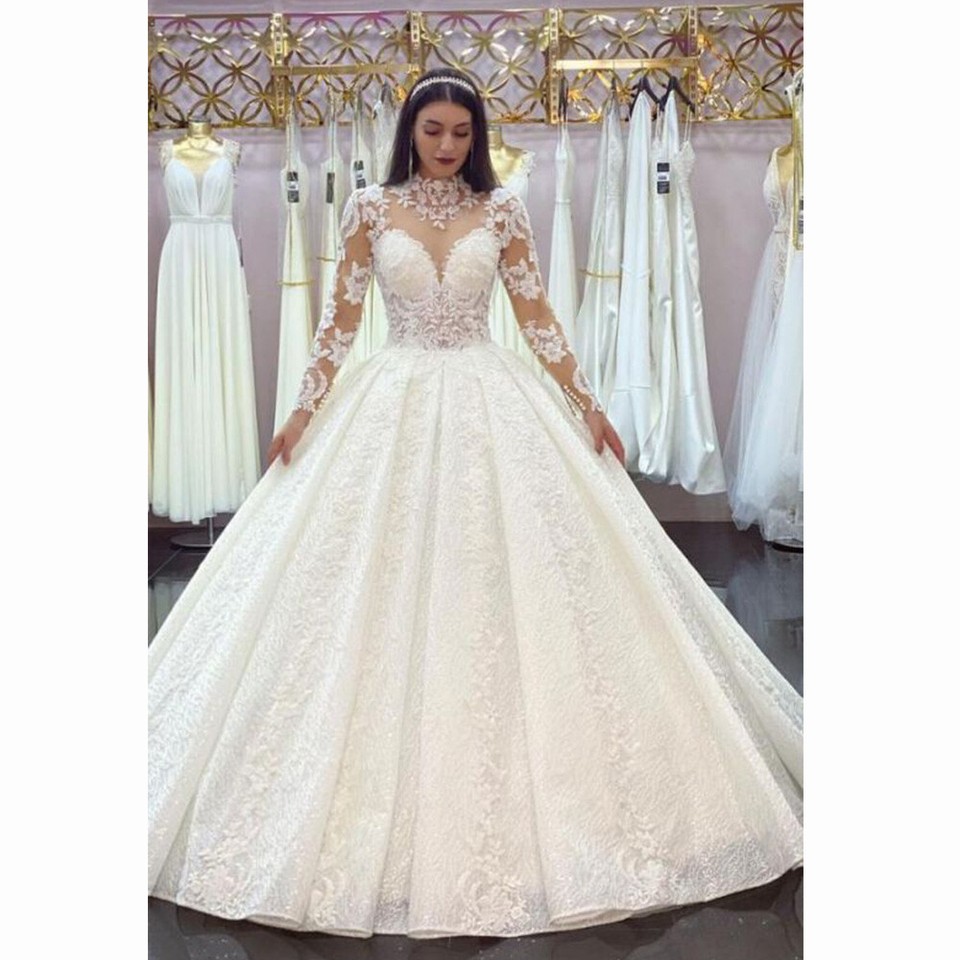 Long High neck Appliques Lace Ball Gown Wedding Dress with Sleeves