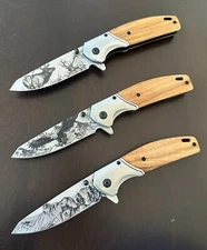 (WHOLESALE LOT x 12) ElitEdge Wildlife Wood Spring Assisted Pocket Knife - A13