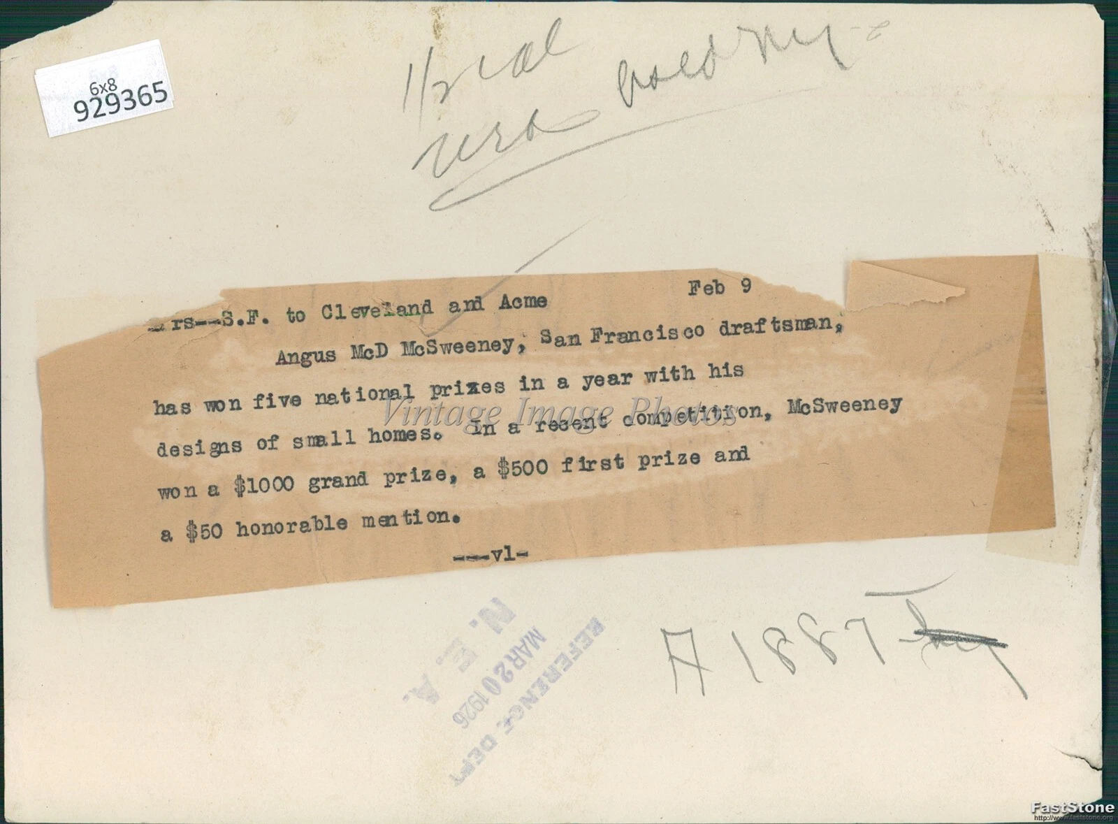 1925 Angus Mcd Mcsweeney San Francisco Draftsman Won 5 National Prize Photo 6X8 - 画像2/2