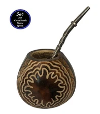 Handcarved Mate Gourd Cup -Straw  Gift Yerba Mate Tea - Handmade  Argentina