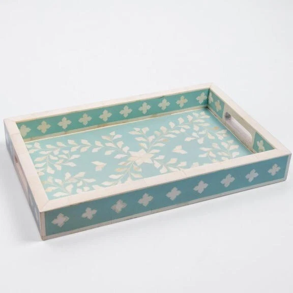 Bone Inlay Tray- Handmade Baby Blue Scroll Vine - Image 3 of 4