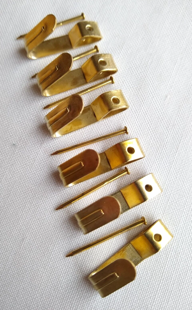 x Brass Single Nail Picture Frame Hooks, with matching Brassed