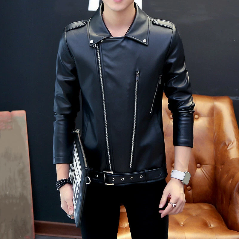 Mens Faux Leather Jacket Slim Fit Zipper Motor Business Lapel Casual Party  Coat