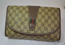Auth Vintage Gucci Classic Clutch Beige Monogram GG Leather PVC 1980s Rare Style