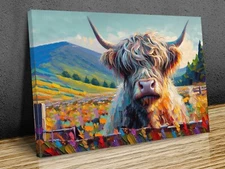 Hairy Scottish cow vibrant colours mounted canvas print art ready to hang