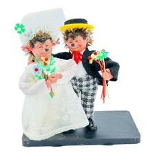 Vintage Peter Mecki 3.5" Steiff Hedgehog Doll Bride  Groom Top Hat RARE In Box
