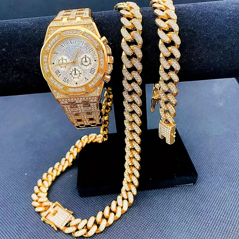 Watch Luxury Lab Diamond Iced Cuban Chain Necklace Hip Hop Bracelet  Gift set
