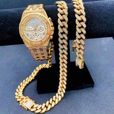 Watch Luxury Lab Diamond Iced Cuban Chain Necklace Hip Hop Bracelet Gift set