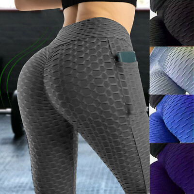 Women Anti-Cellulite High Waist Yoga Pants Pockets Ruched Push Up Sport  Leggings | eBay