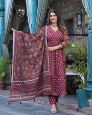 pure cotton hand block printed kurta with embroidery work and pant dupatta set