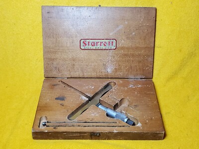 STARRETT 455 MACHINIST 0 - 3'' MICROMETER DEPTH GAGE IN WOOD CASE USA 
