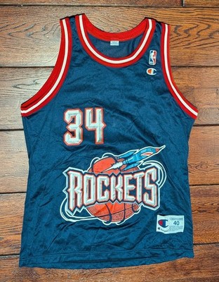 Vintage NBA 90s Champion Houston Rockets Hakeem Olajuwon Blue Jersey Size 40 / M
