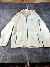 Vintage Adidas Windbreaker Jacket Mens Large White Three Stripe Hooded Full Zip