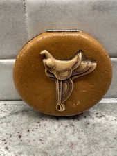 VINTAGE 1940'S LEATHER Horse Saddle POWDER COMPACT Cool, Unique Piece!