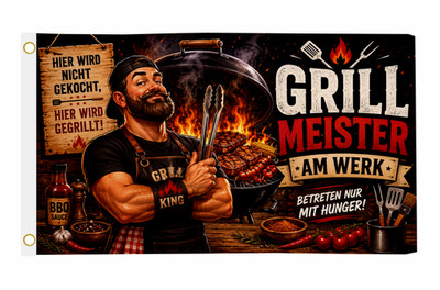 Fahne Flagge Grill Meister am Werk Hissflagge 90 x 150 cm