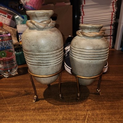 Vintage Style Studio pottery Vases distressed finish rope-style accent Lot of 2
