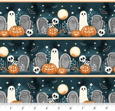 Halloween Fabric Ghouls in Graveyard Glow Ghost Stripe Henry Glass YARD
