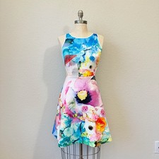 CLOVER CANYON Mini Dress Women S Colorful Floral Scuba Cut Out Fit  Flare Fairy
