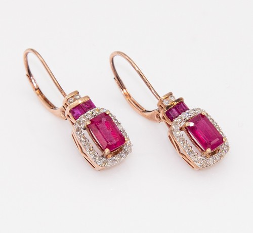 14K Pink Gold Ruby & Diamond Drop Earrings – Vintage-Inspired with Lever Backs - Picture 3 of 11