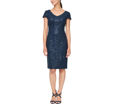 Alex Evenings V-Neck Knee Length Mother of the Bride Dress, Navy Corded, 16R