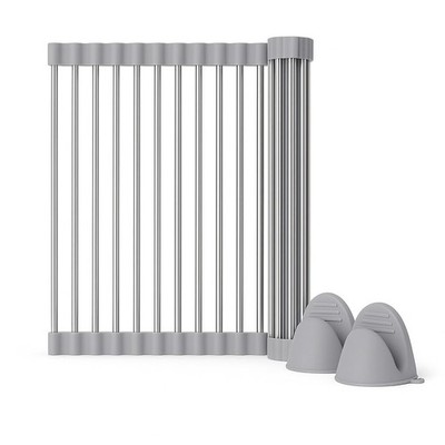 Roll Up Dish Drying Rack Stainless Steel Silicone Sink Mat Mitts Gray