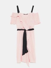 Zara Flowy V-Neck Ruffled Off-Shoulder Wrap Dress Pink/Black New With Tags XS