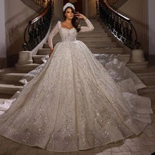 Sparkling Beaded Luxury Wedding Dress Sparkling Long Sleeved Robe Bridal Gown