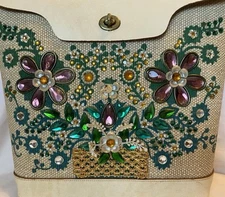 Vintage 1960 Enid Collins “Flower Basket” Wood Bottom Leather Handled Bag Purse 